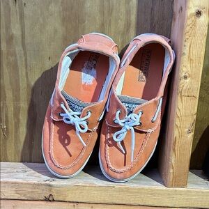 Sperry Coral Boat Shoes with White Laces